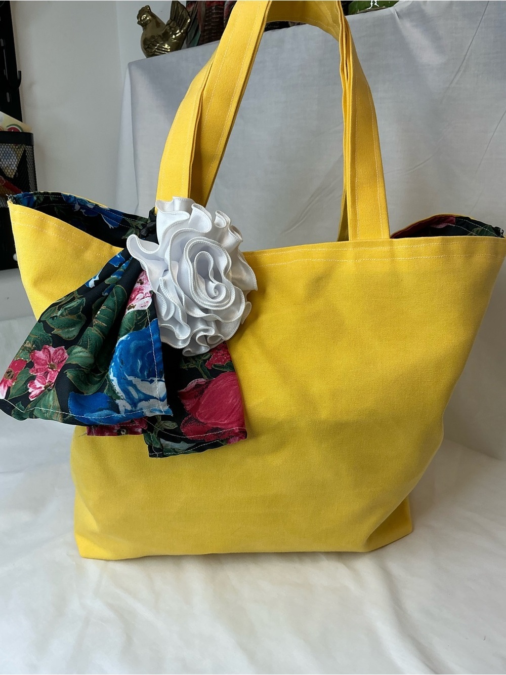2034 - Handmade Sunny Yellow Canvas Tote with Floral Scarf and Rosette - Picture 5 of 16